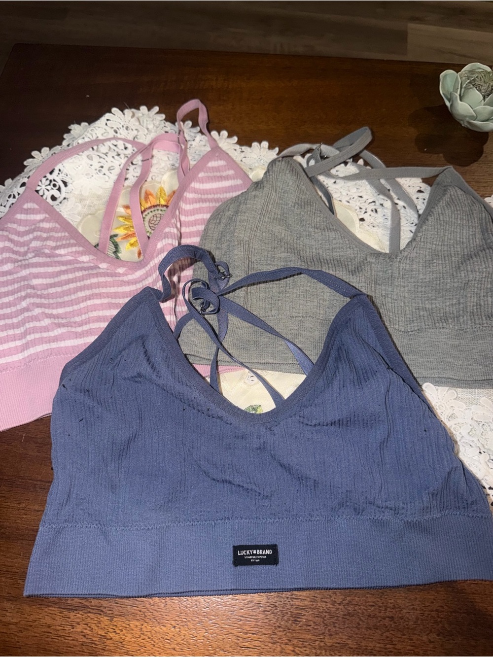 Lucky Brand Bralette Set in Blue, Gray and Pink